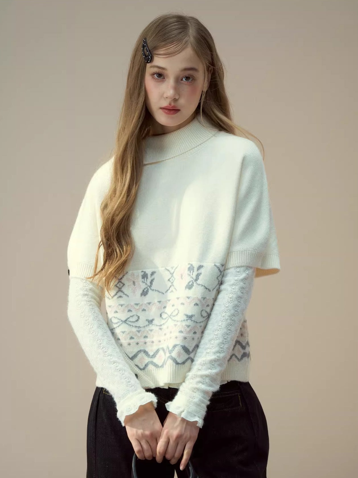 Beige & Gray Fair-Isle Cape Sweater
