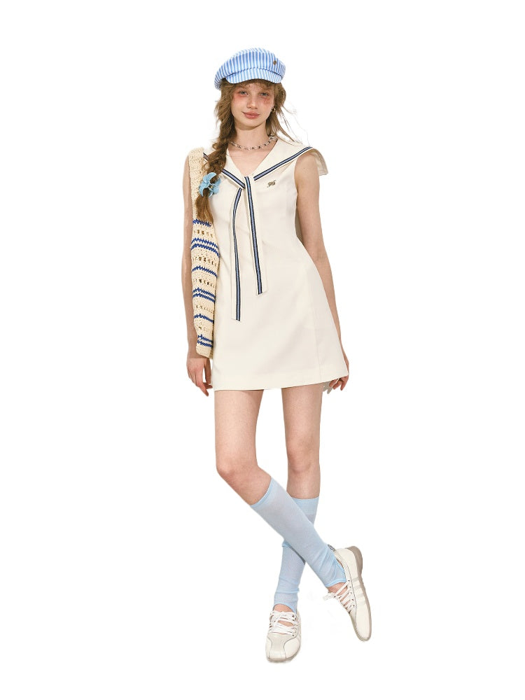 Navy Collar Color-Blocking Waist-cinching Dress