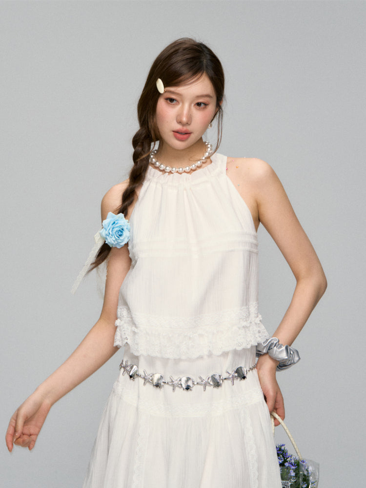 Halter Off-shoulder Lace-trimmed Dress