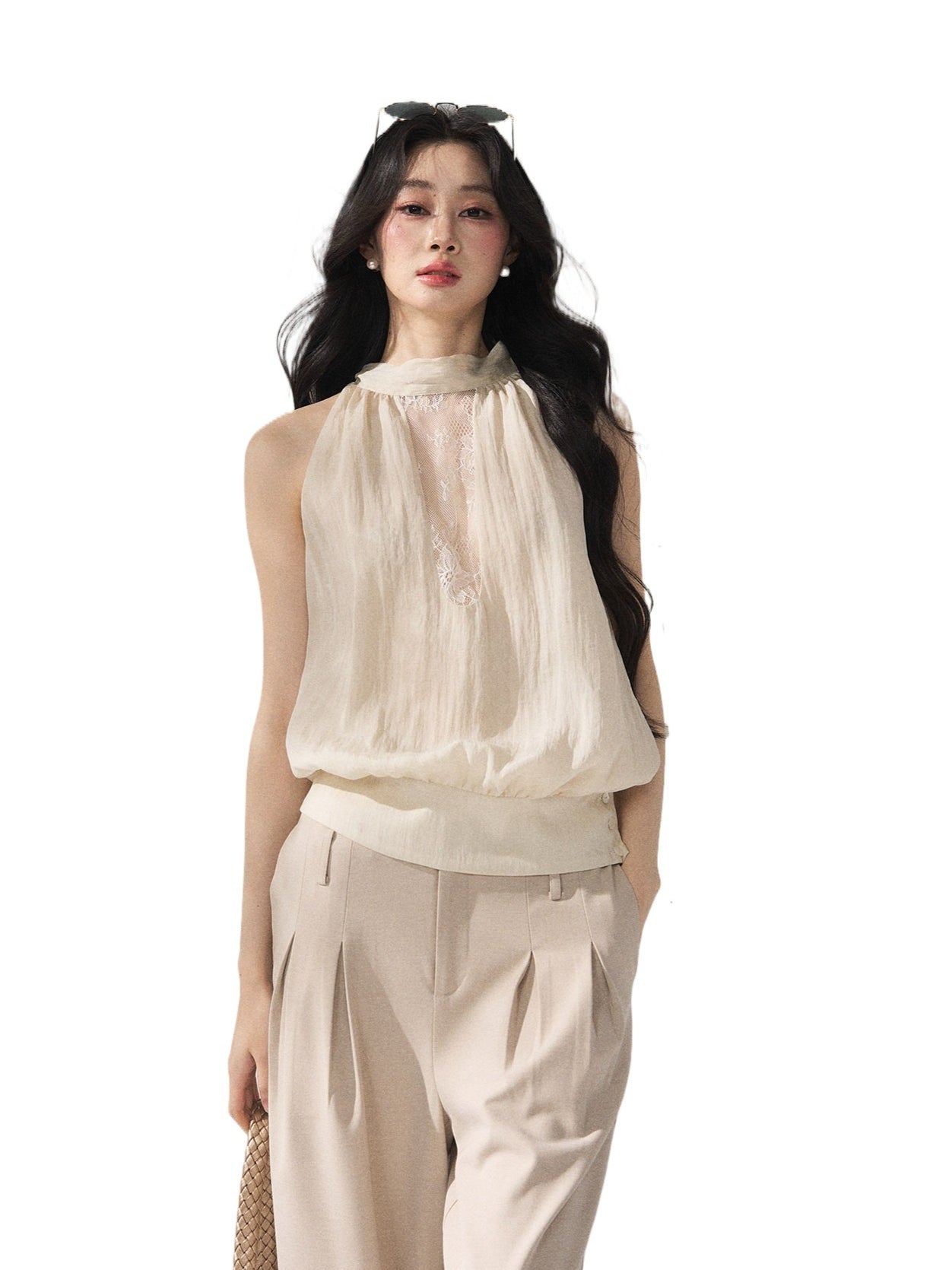 Beige Lace Halter Tank Top