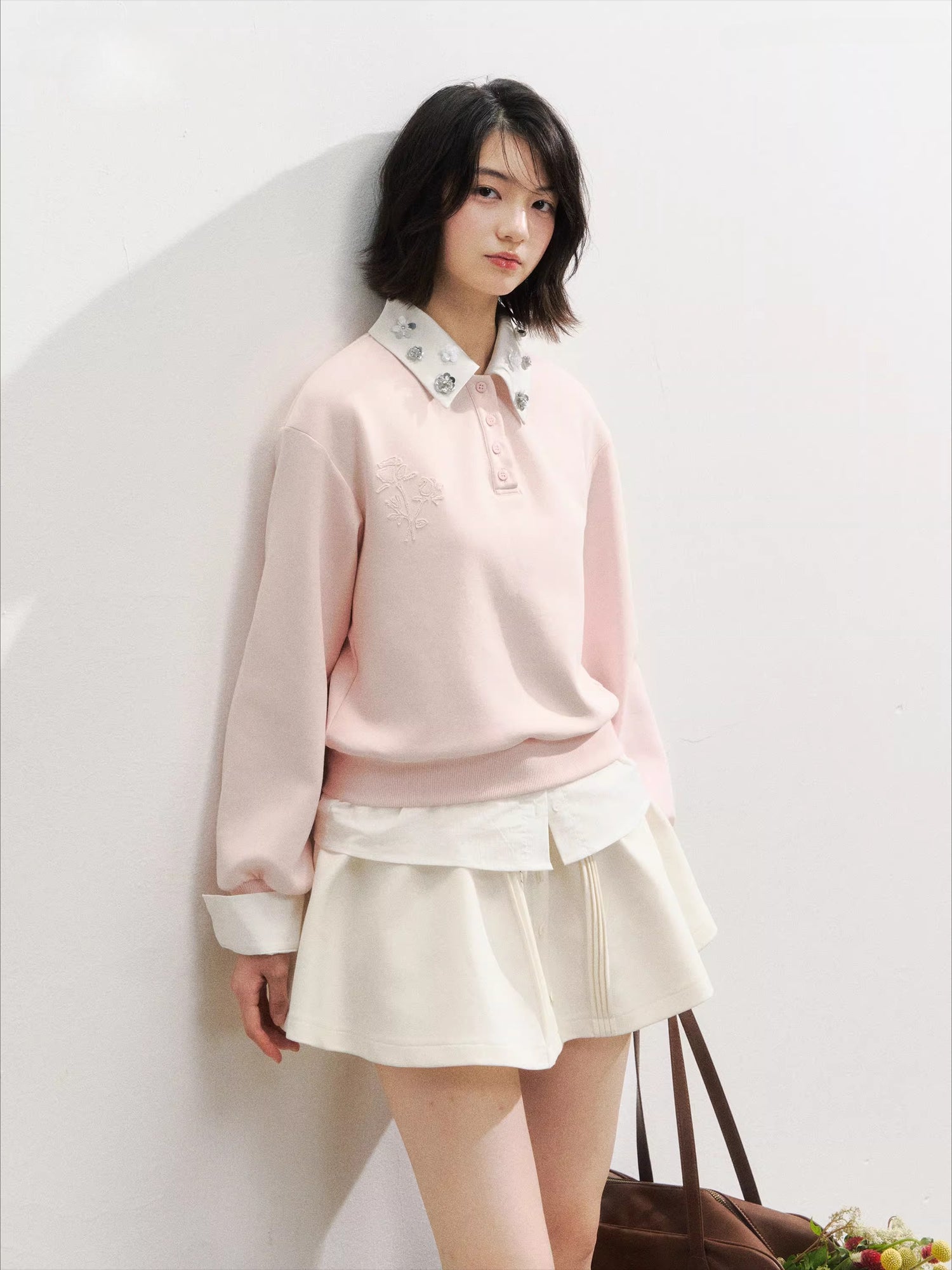 Layered Rose Crystal Collar 2-in-1 Sweatshirt