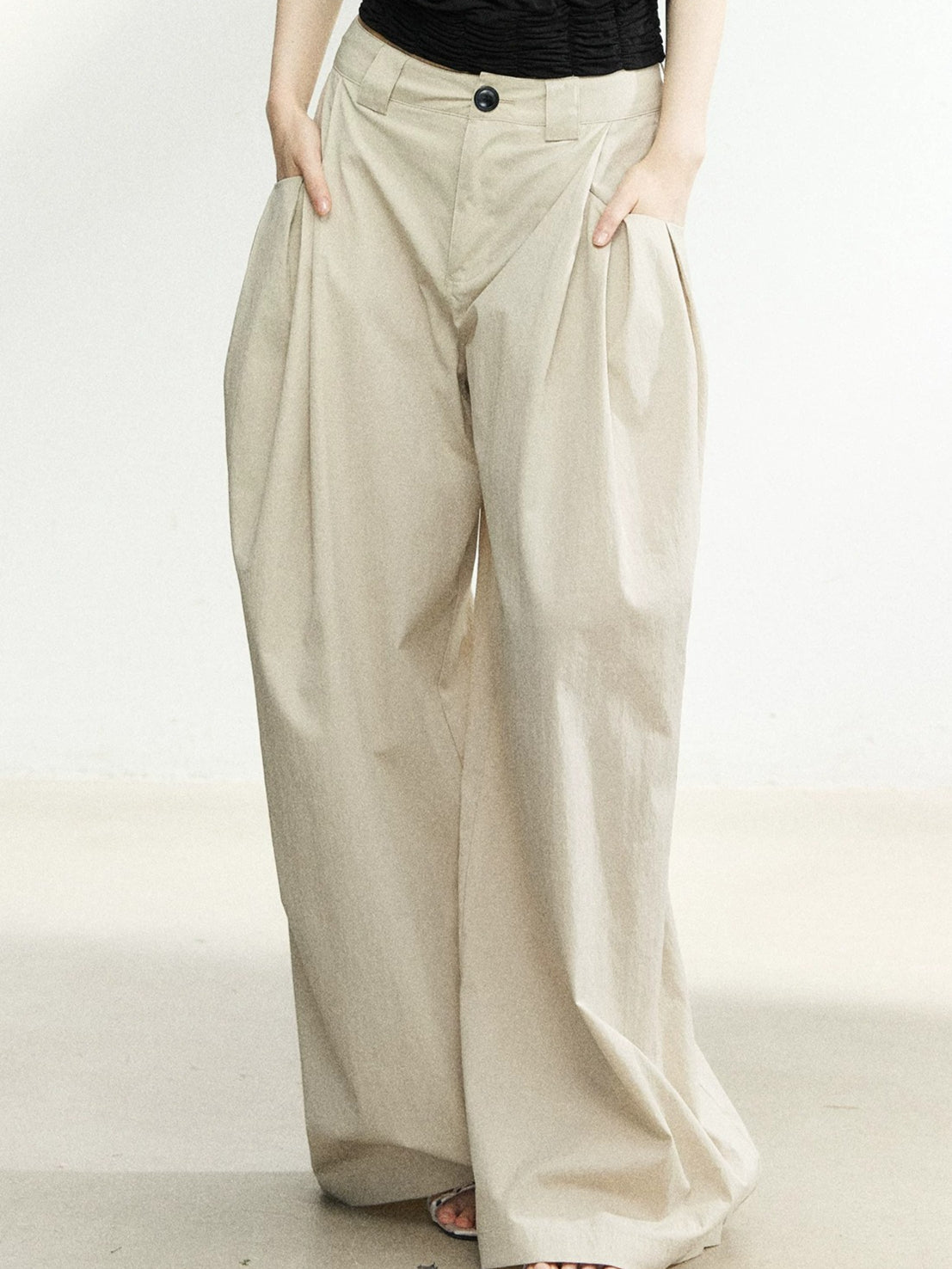 Beige Relaxed Wide Leg Pants