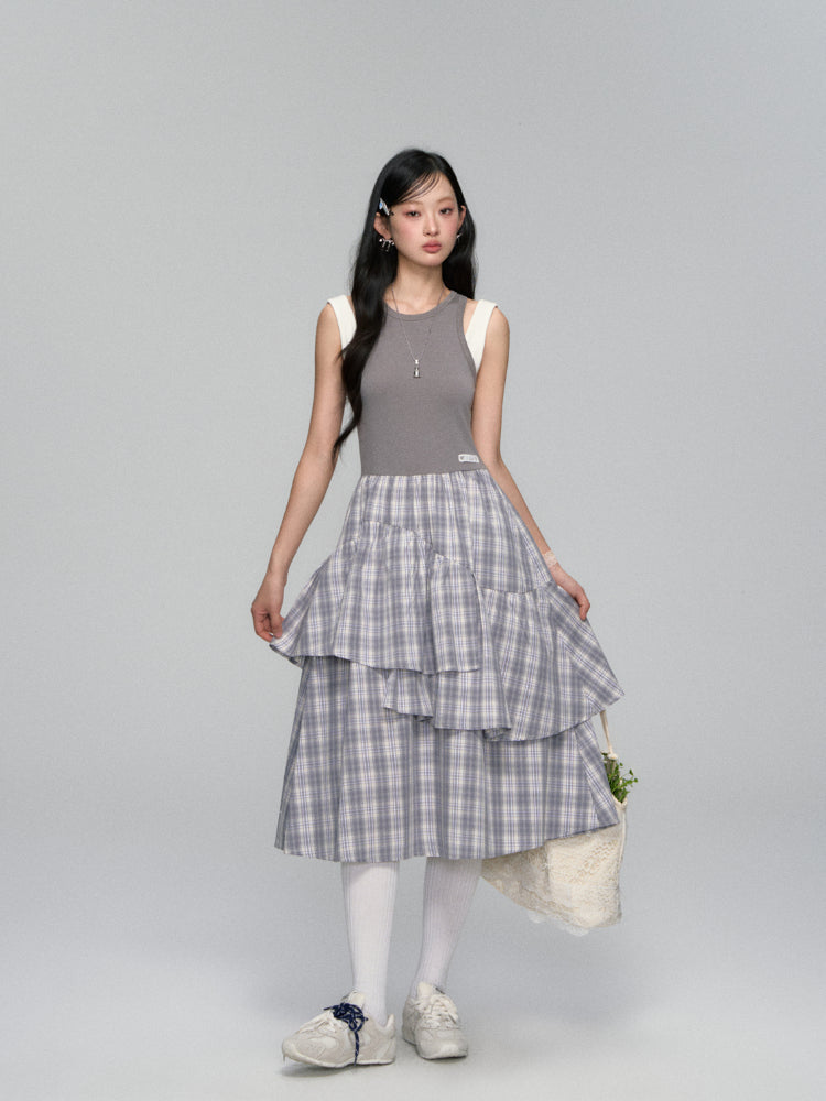 Plaid Asymmetric Sleeveless Vest Dress