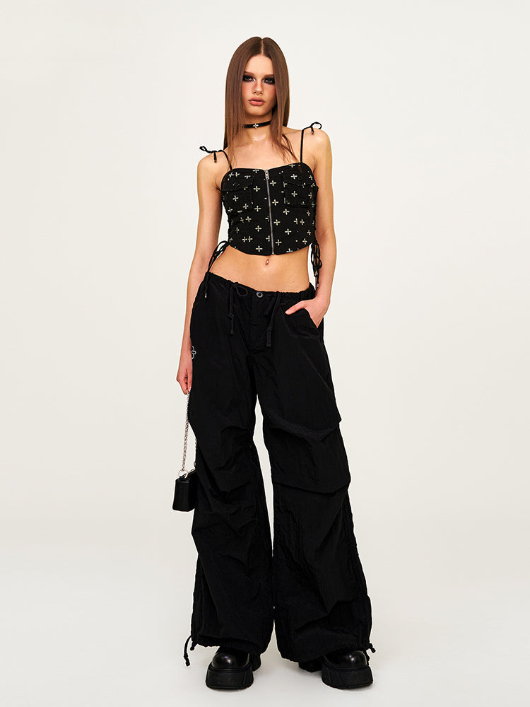 Drawstring Wide-Leg Cargo Workout Pants