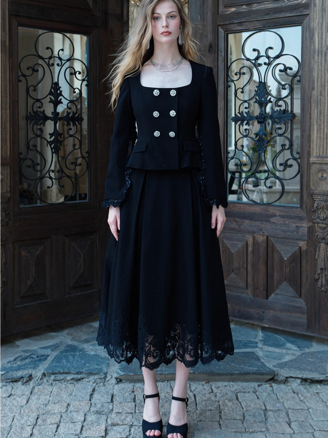 Mirage Vintage Lace-Collar Blazer & Flared Skirt Set