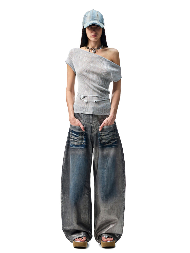 Asymmetric Shoulder Knit Short Sleeve T-shirt