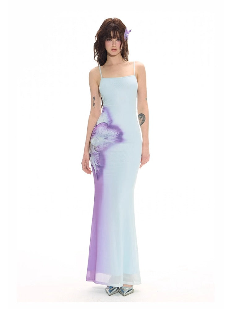 Blue 3D Gradient Floral Dress & Vest Set