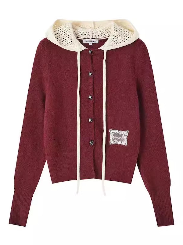 Hollow‑Knit Hooded Cardigan