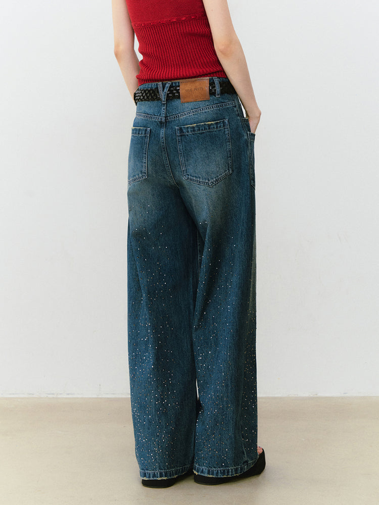 3D Rhinestone Wide - leg Denim Pants