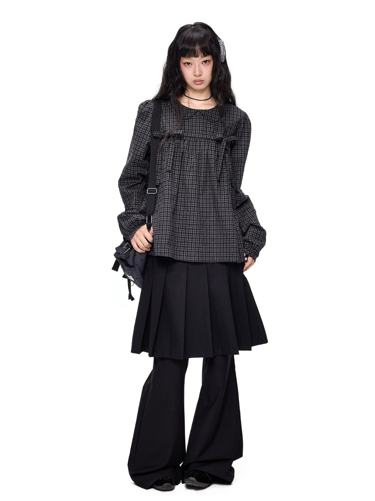 Plaid Collar Tie Blouse