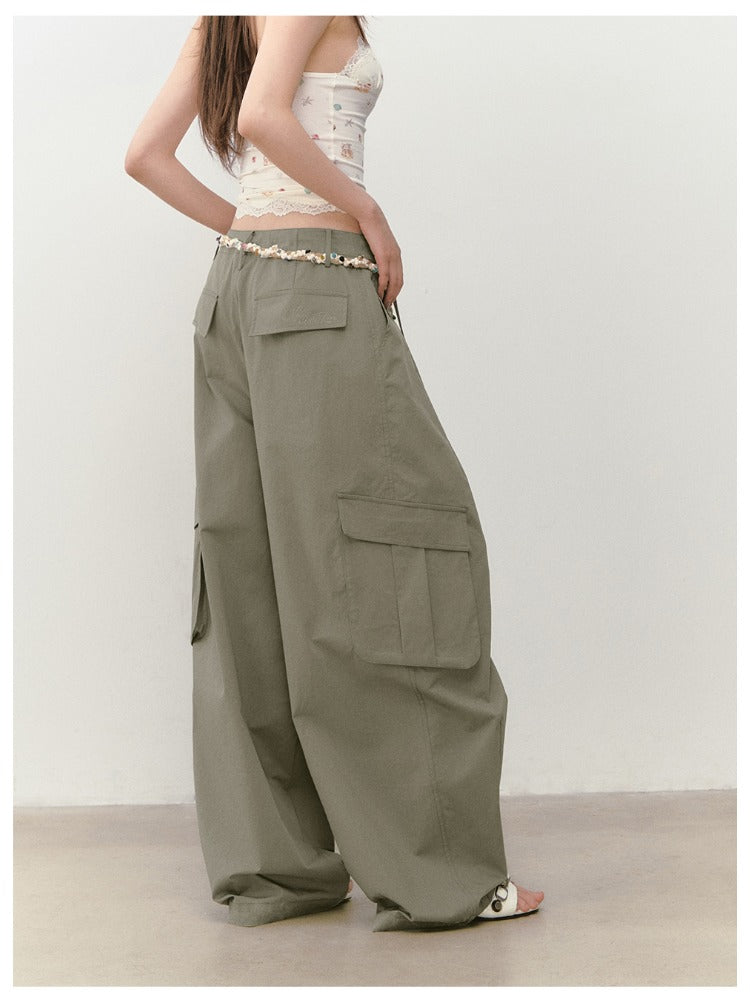 Wide-Leg Beaded Cargo Large Pockets Pants