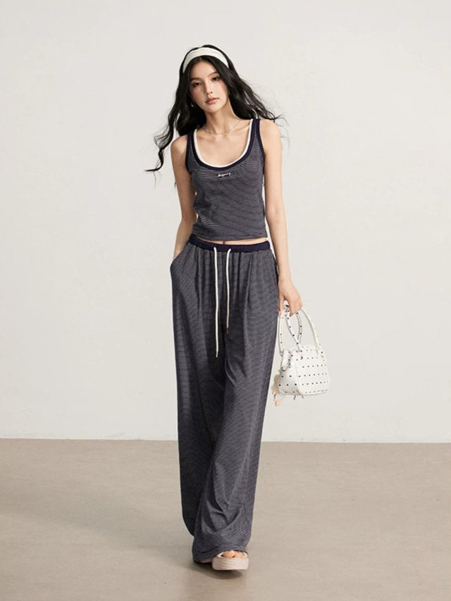 Navy & Gray Striped Tank Pants Set