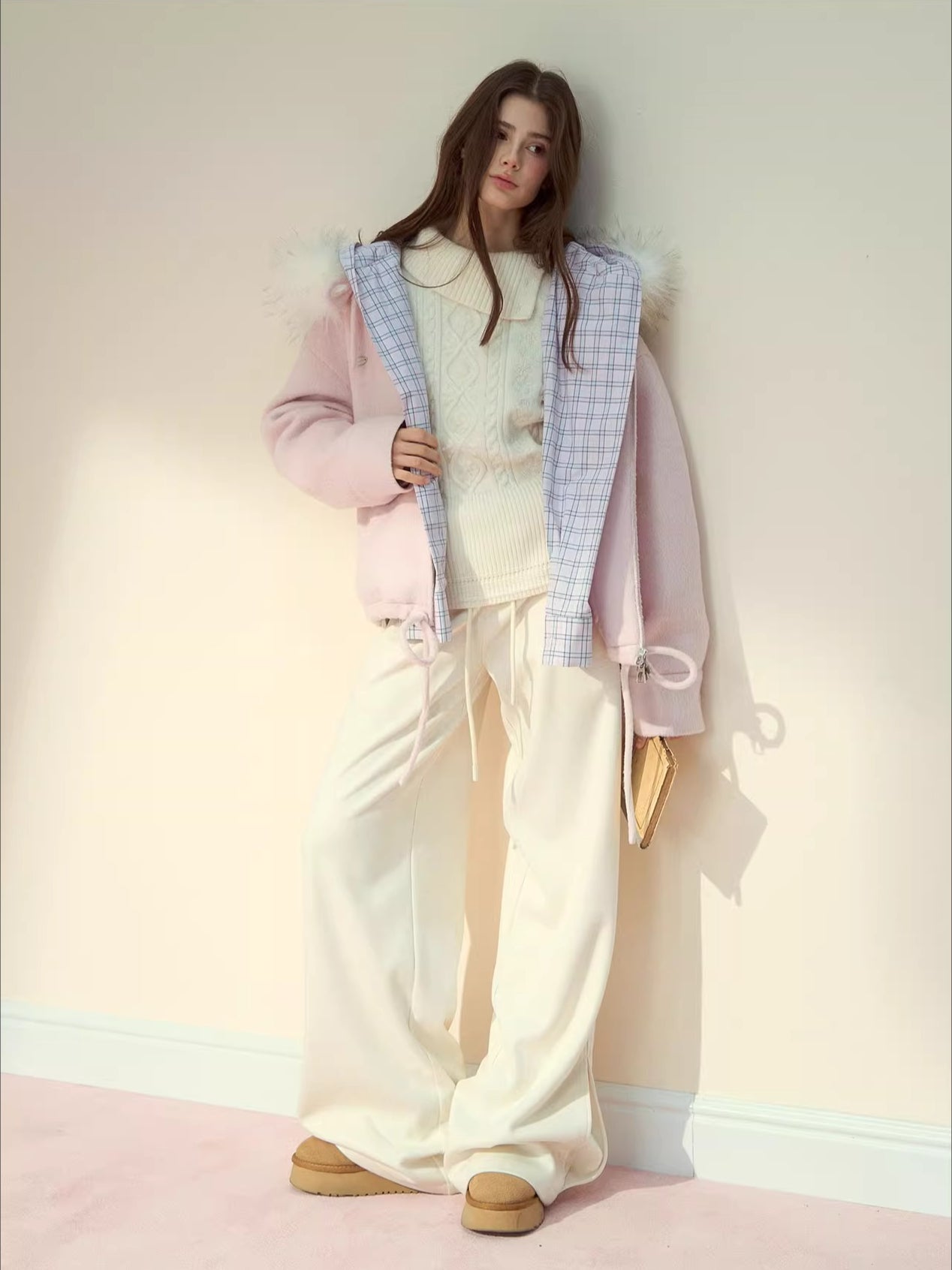 Checked Waist Wool Straight-Leg Pants