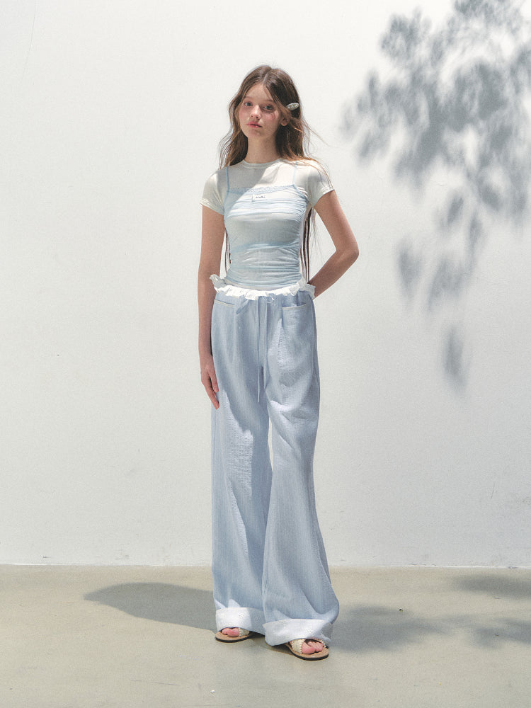 Vertical Striped Drawstring Waist Pink - Blue Pants