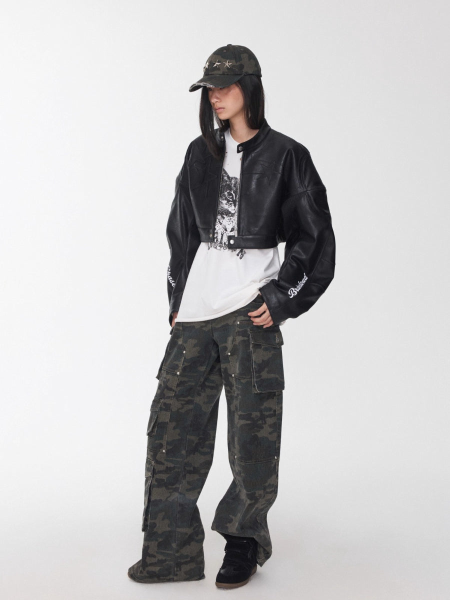 Letter Print Structured Cropped Moto Leather Jacket