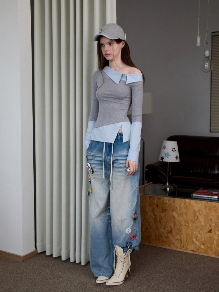 Asymmetric Collar Fake Two-Piece Fitted Blouse