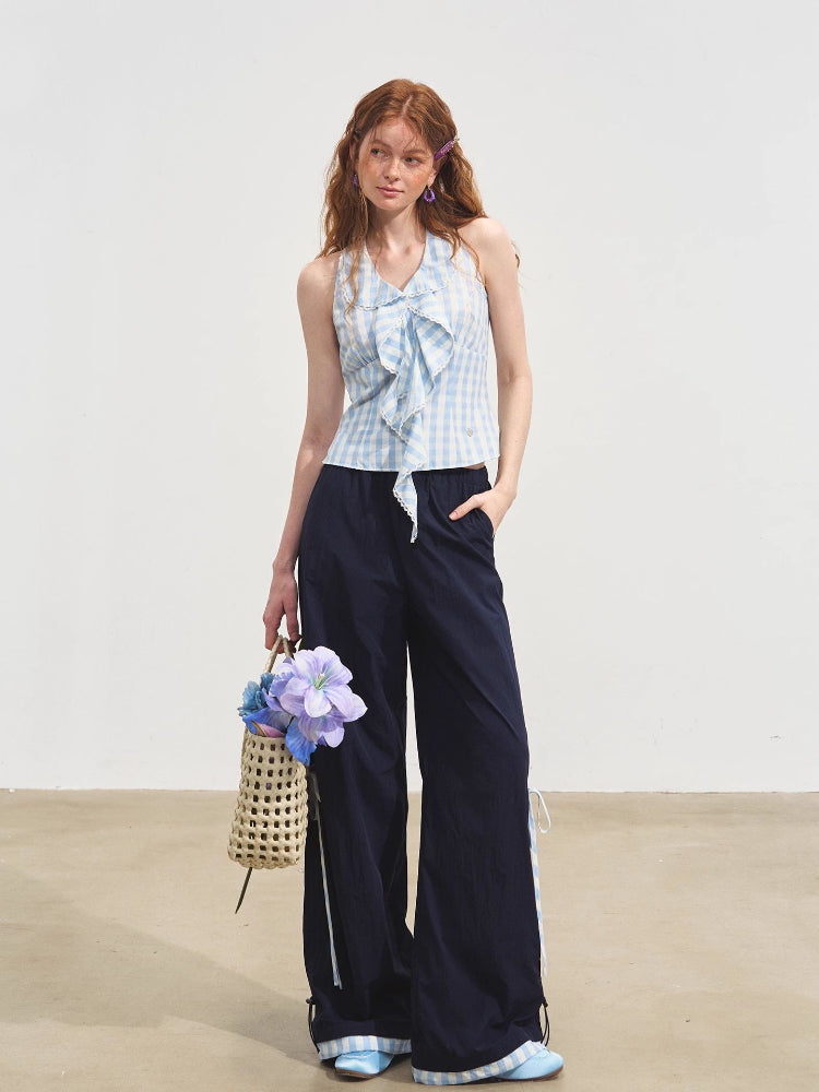 Floral-Patchwork Lightweight Checkered Utility Pants