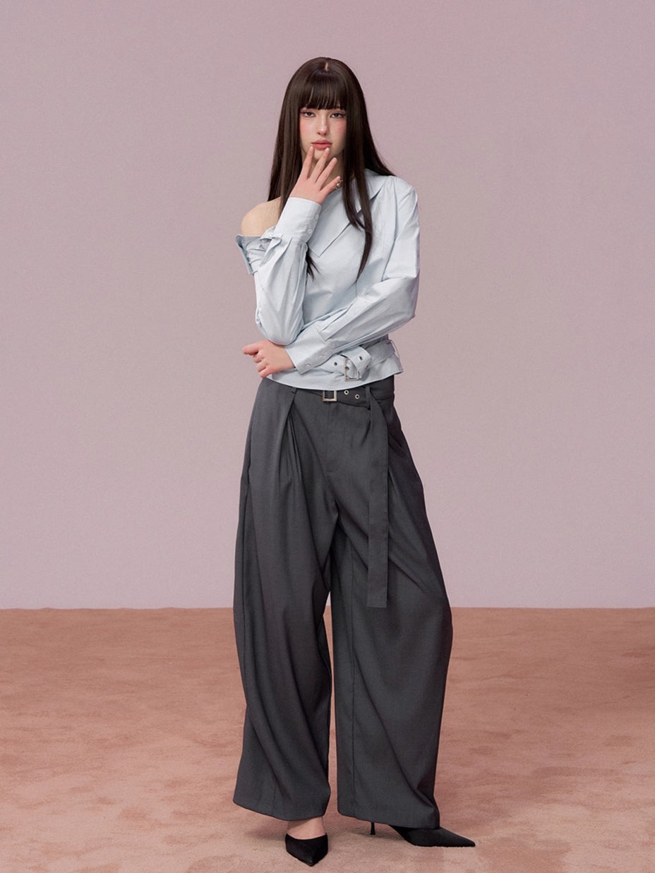 Belted Wide-Leg Tailored Trousers