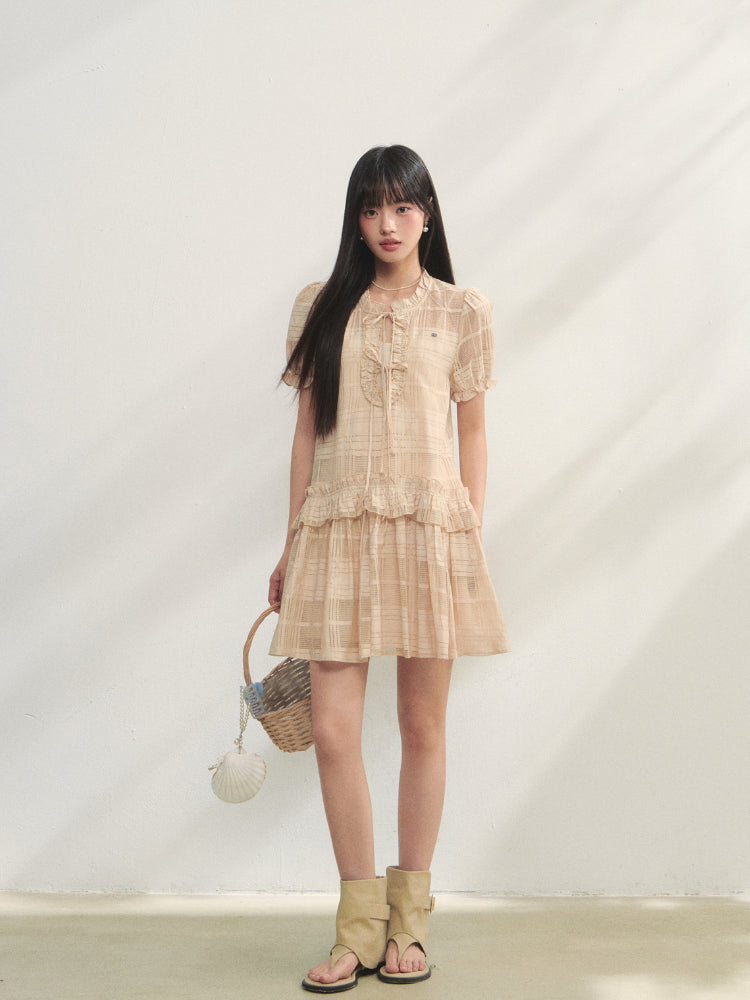 Checkered Hollow-Out Ruffled Dress Set