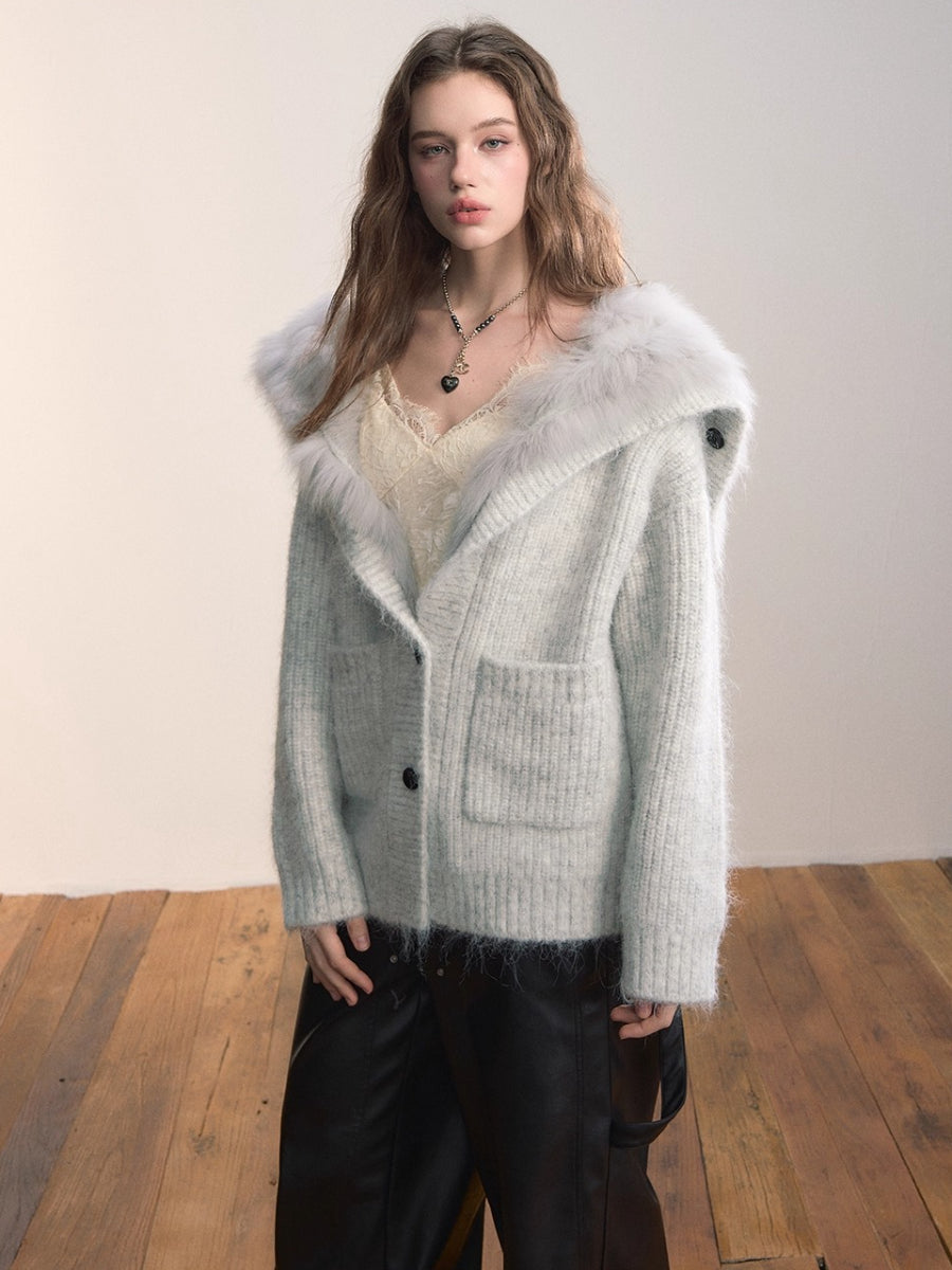 Fox Fur Large Notch Collar Cardigan