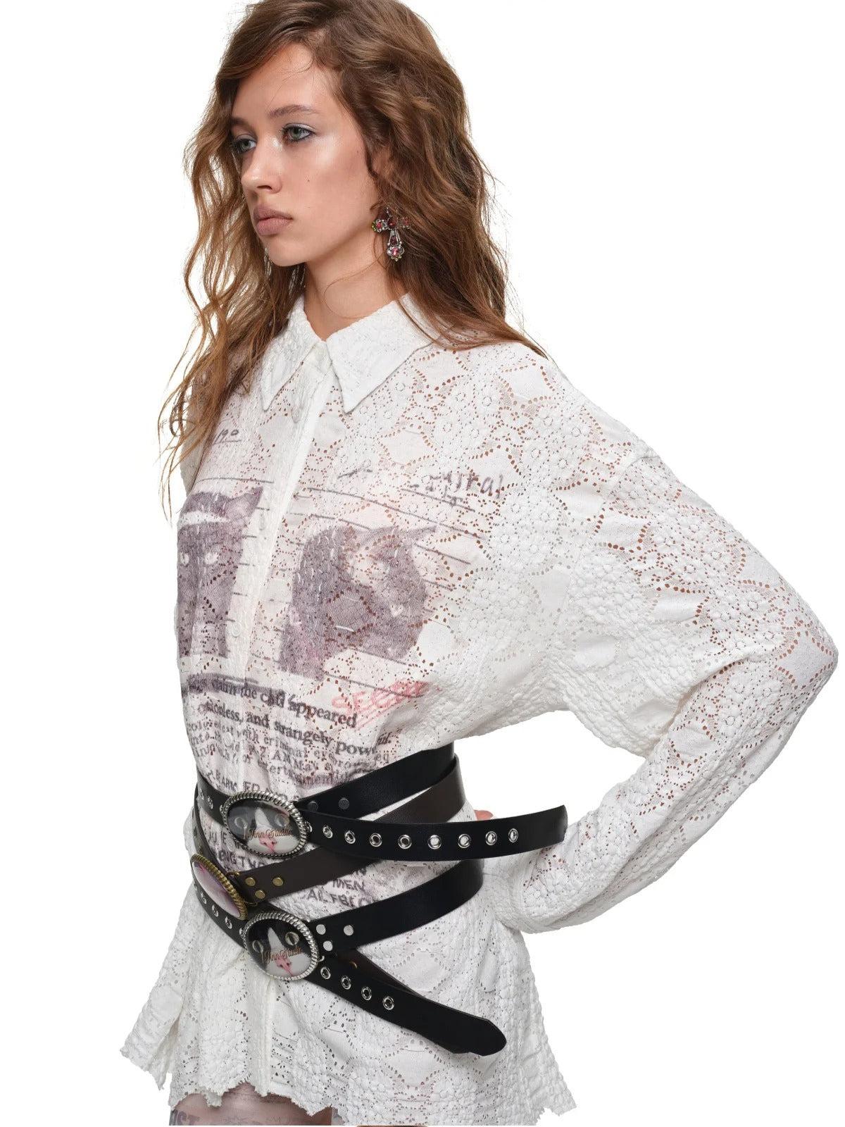 Cat Print Oversized Lace Shirt