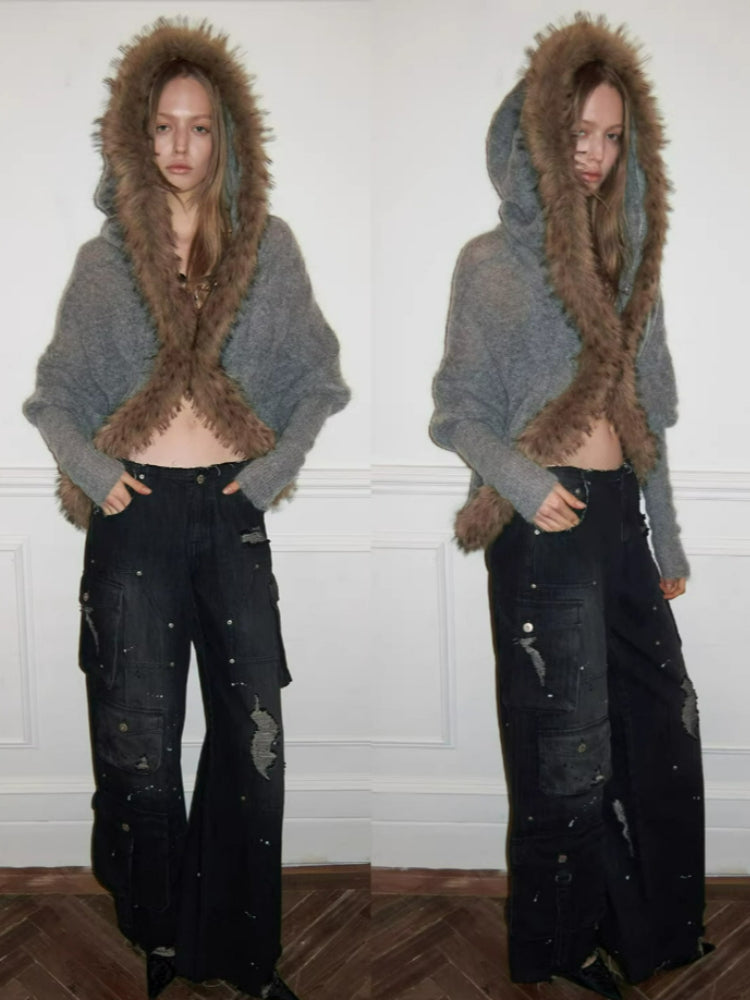 Mohair Collar Knit Shawl Cardigan