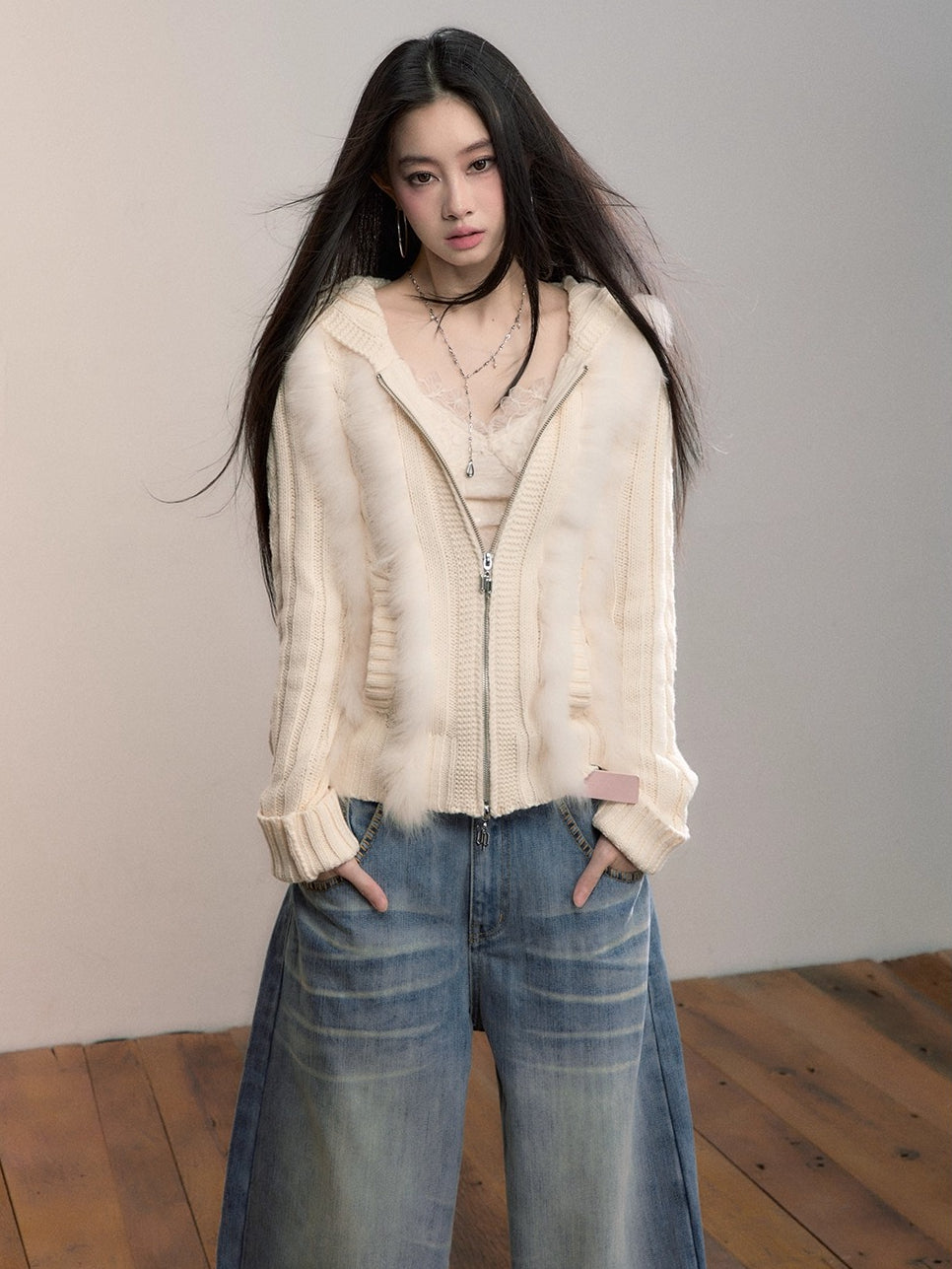 Fox Trim Hooded Knit Cardigan