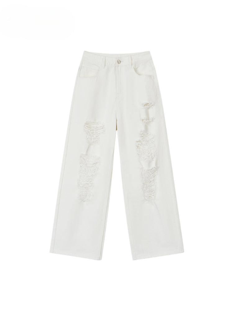 White Rhinestones Ripped Jeans