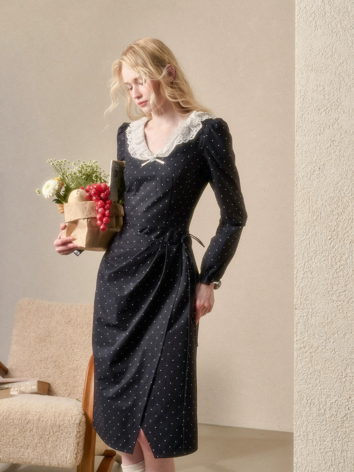 Vintage Polka Dot Lace Trim Dress