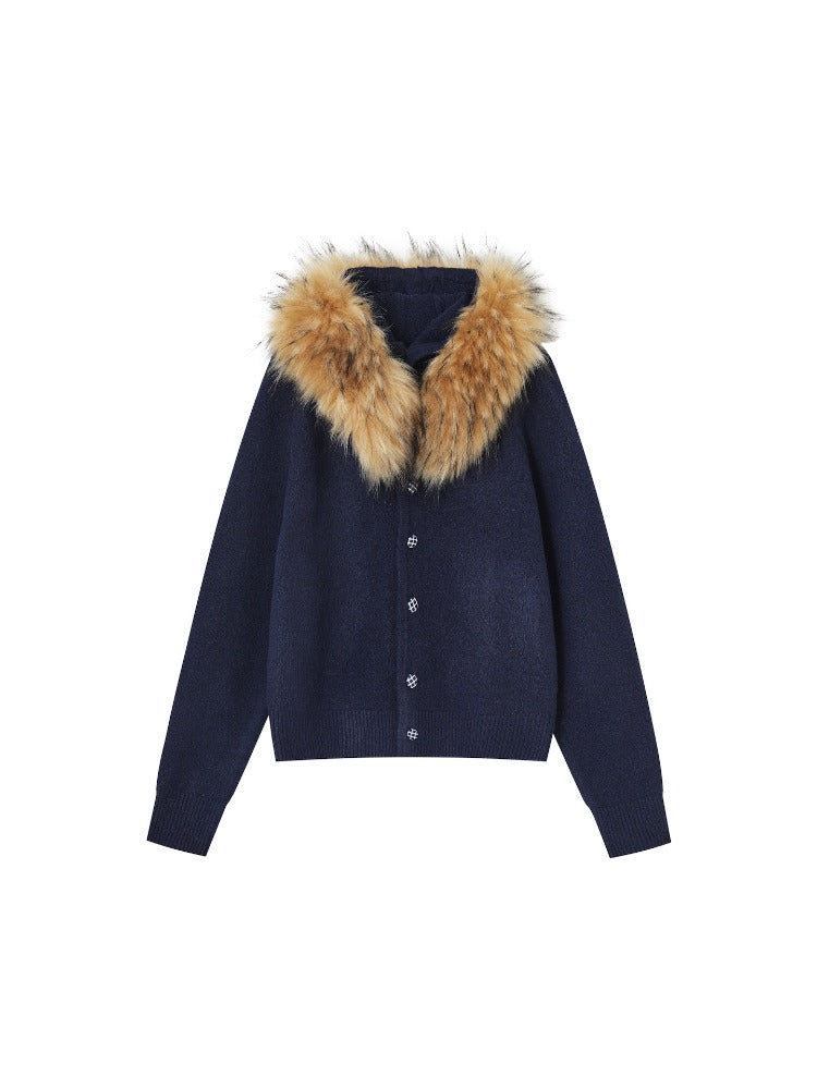 Detachable Fur Collar Fleece Hooded Cardigan