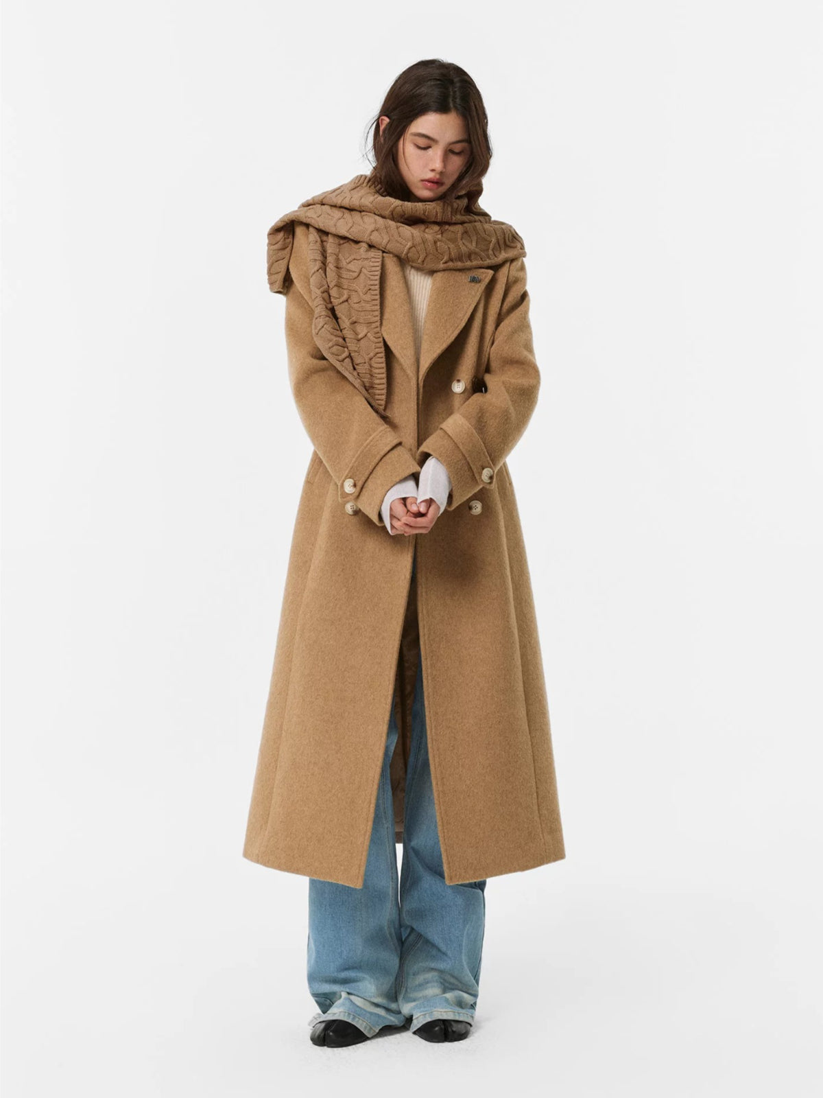 Detachable Knit Shawl Wool-Blend Coat