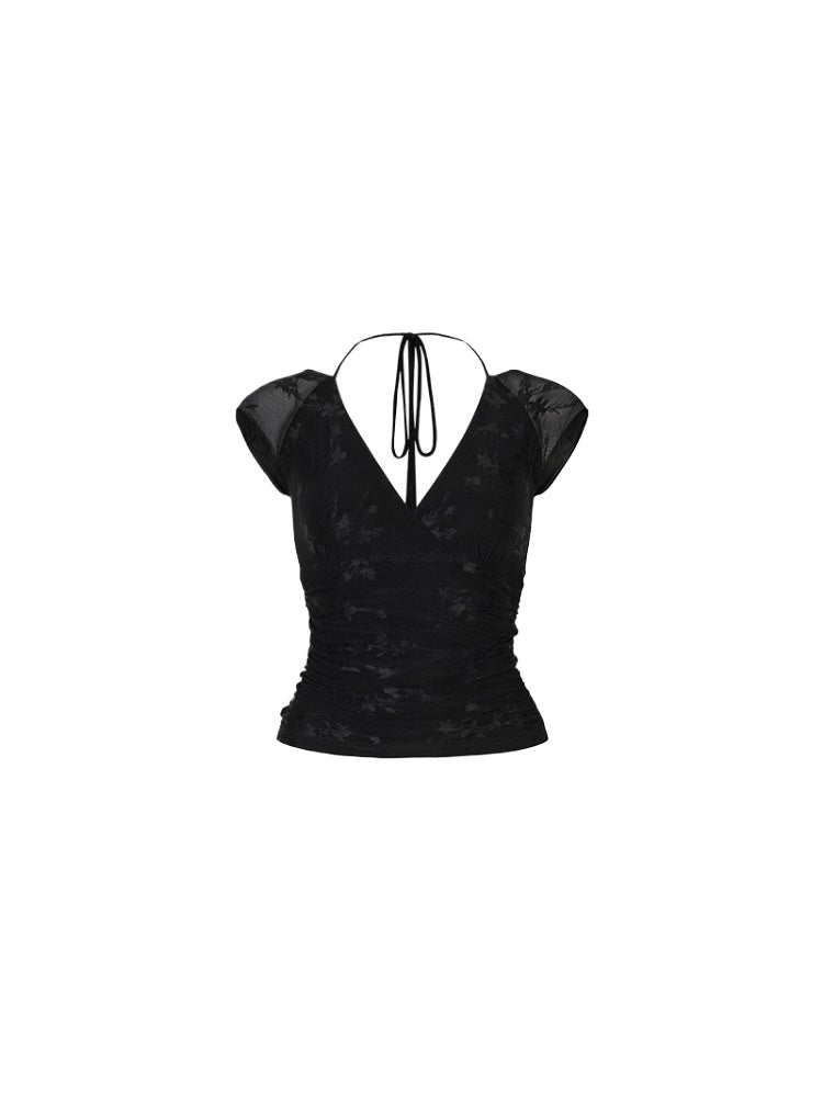 Mesh Jacquard Halter Lace Short-sleeve T-shirt