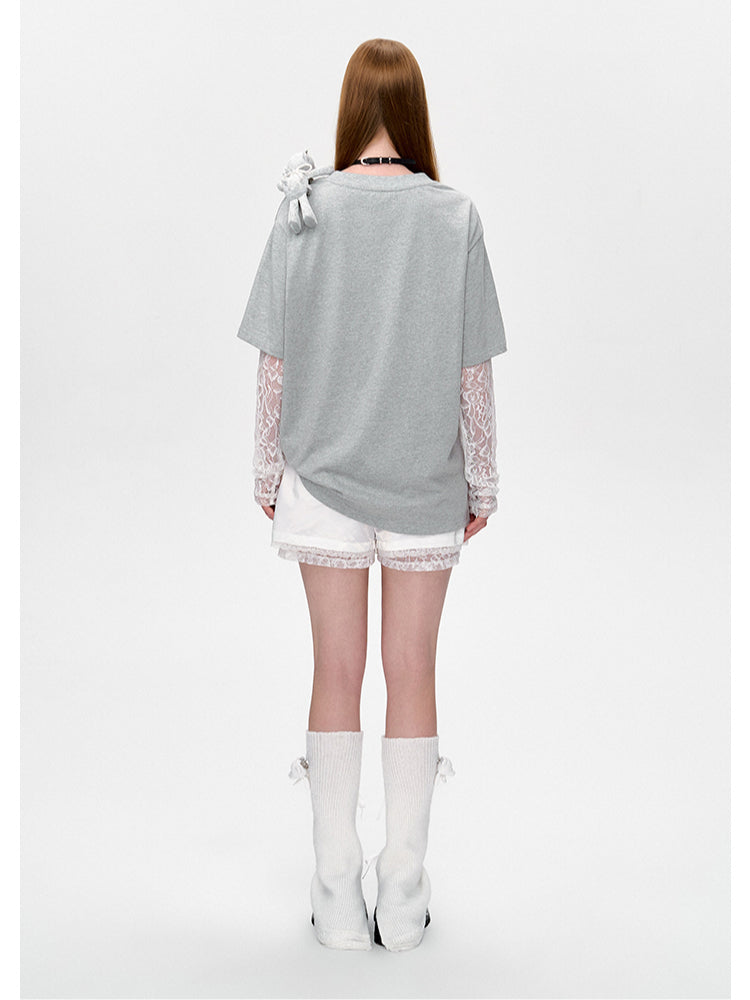 Lace Bear Fake Two- Piece Round-Neck T-Shirt