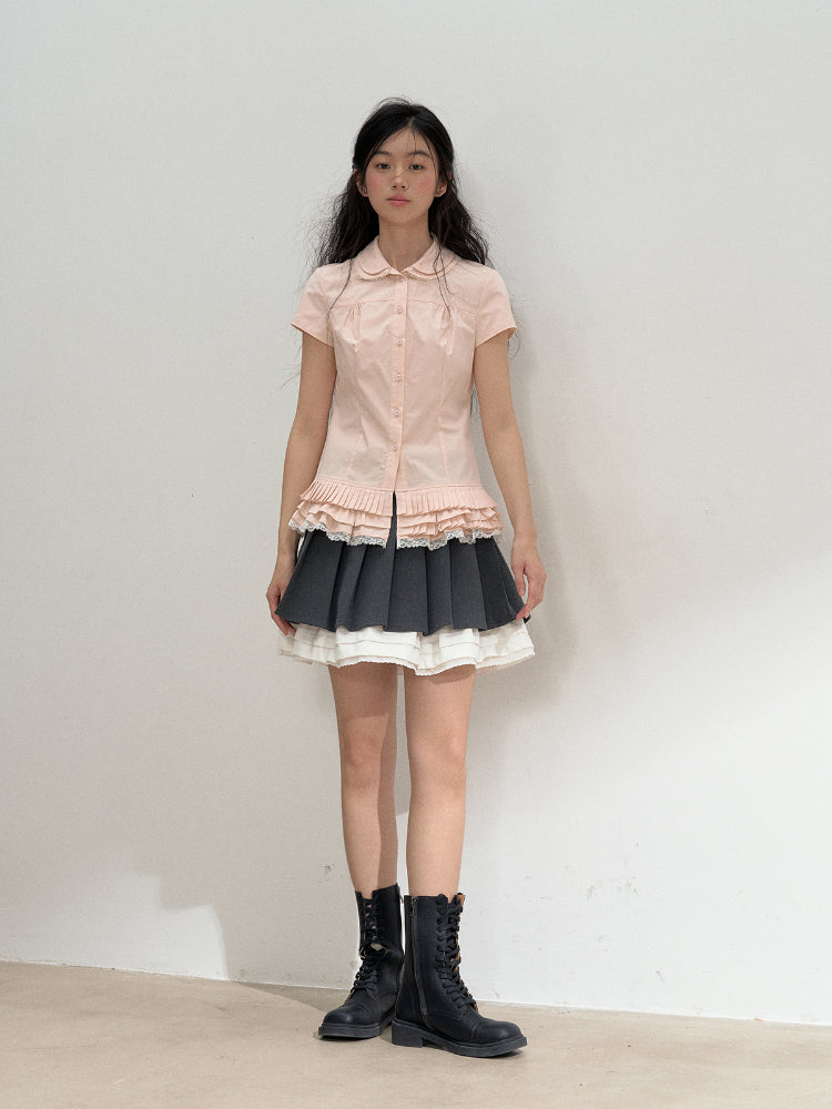 Pink Embroidered Collar Lace Shirt