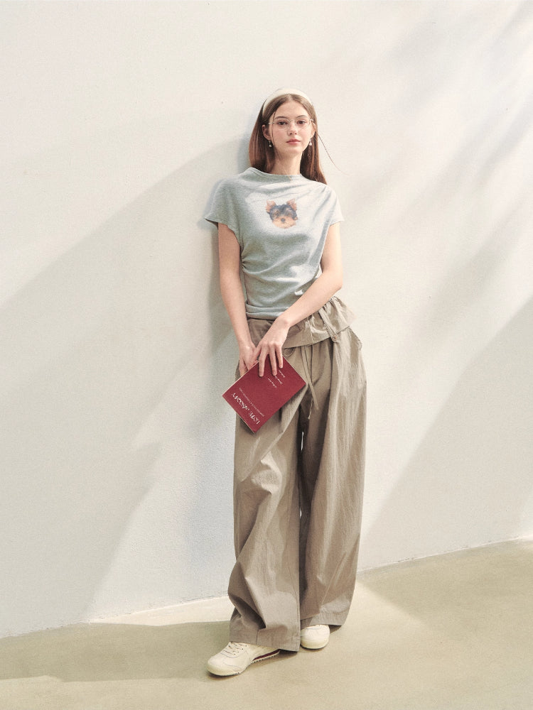 Elastic Pleated Crew Neck T-shirt