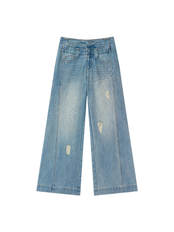Rhinestone Double-Waistband Straight-Leg Jeans