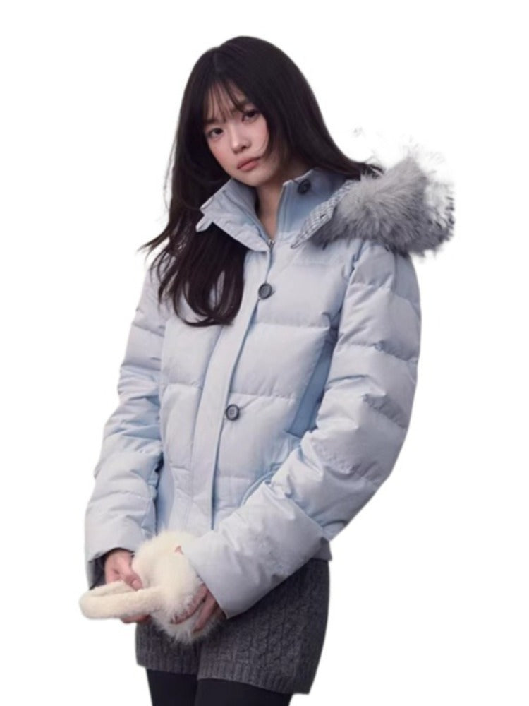 Blue Plaid Hooded Down Jacket