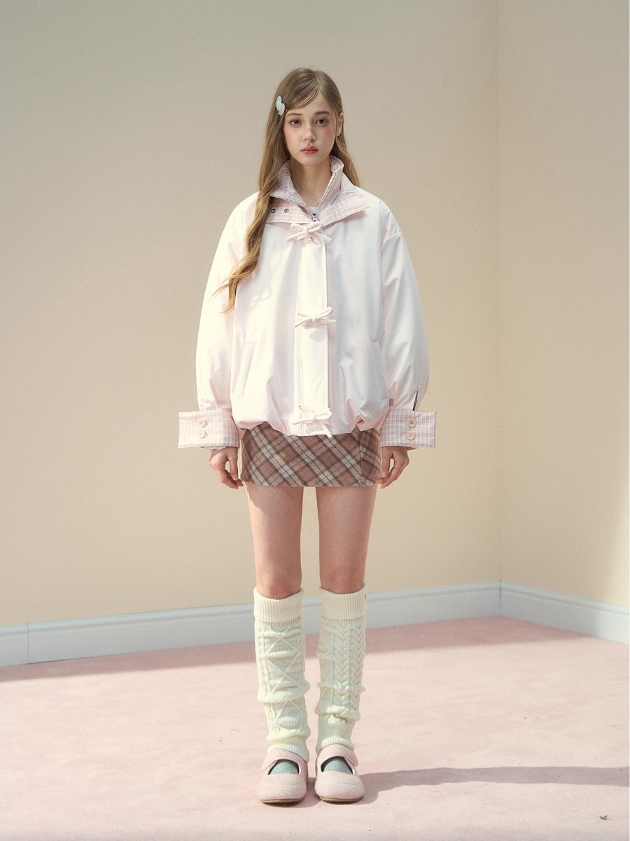 Pink Bow Plaid Down Puffer Jacket