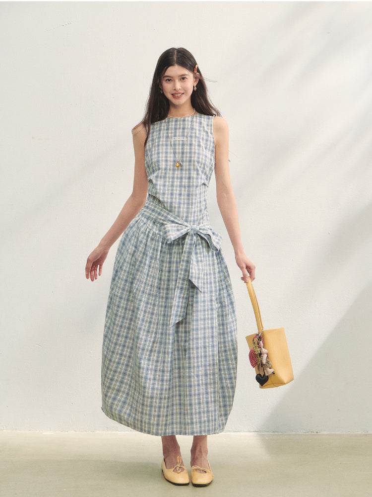 Belted Waist Checked Vest Dress