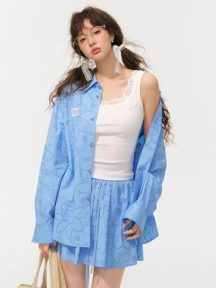 Collar Cut-Out Floral Shirt & Skirt Set