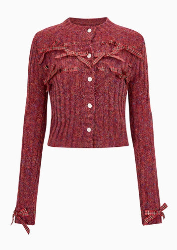 Red & Black Bow Decorated Knit Cardigan