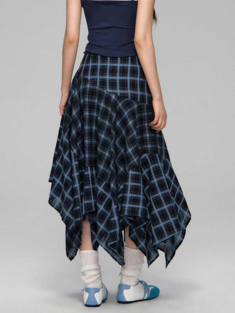 Irregular Navy Blue Checked Midi Skirt