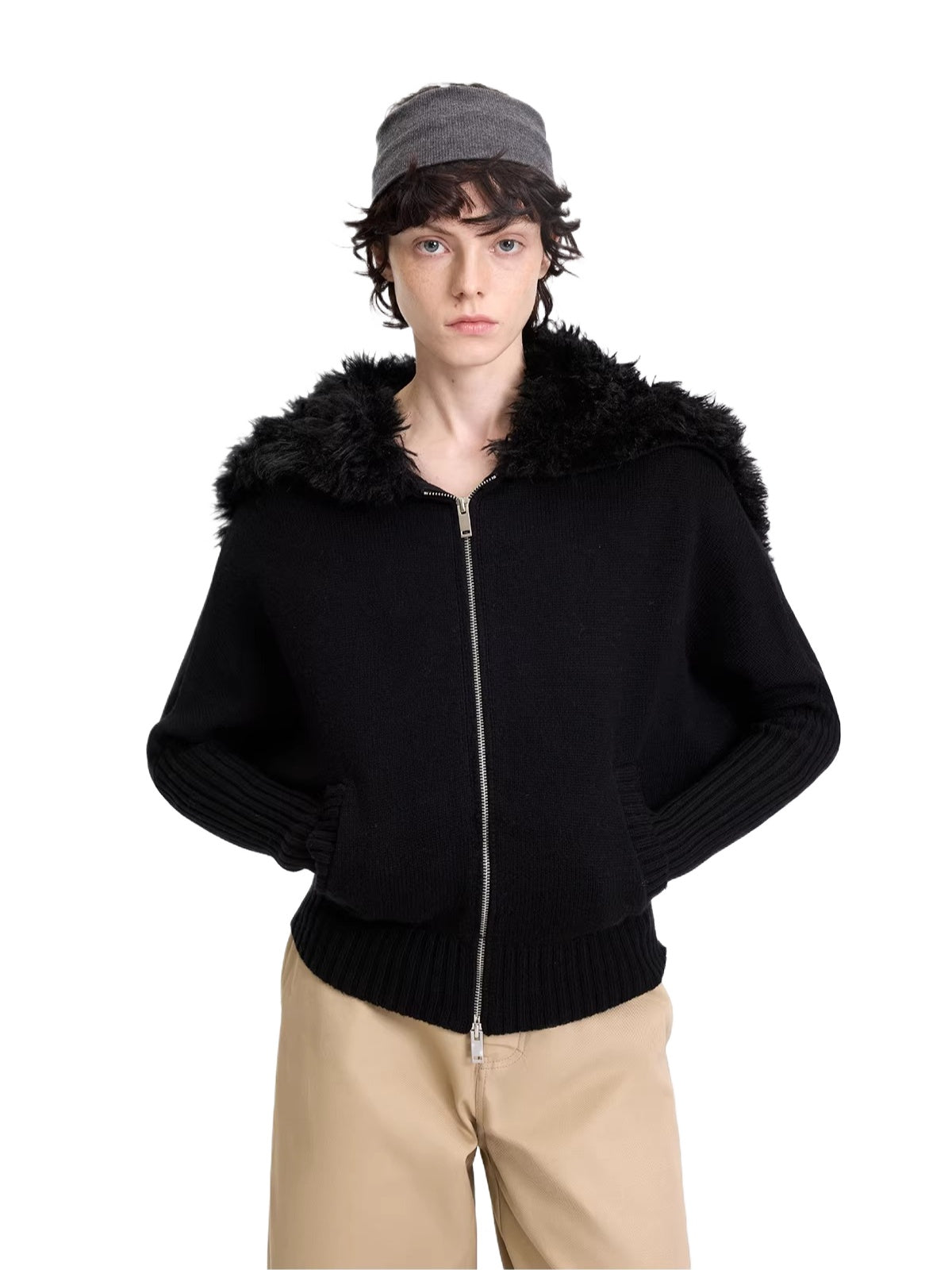 Hooded Fur Collar Knit Cardigan