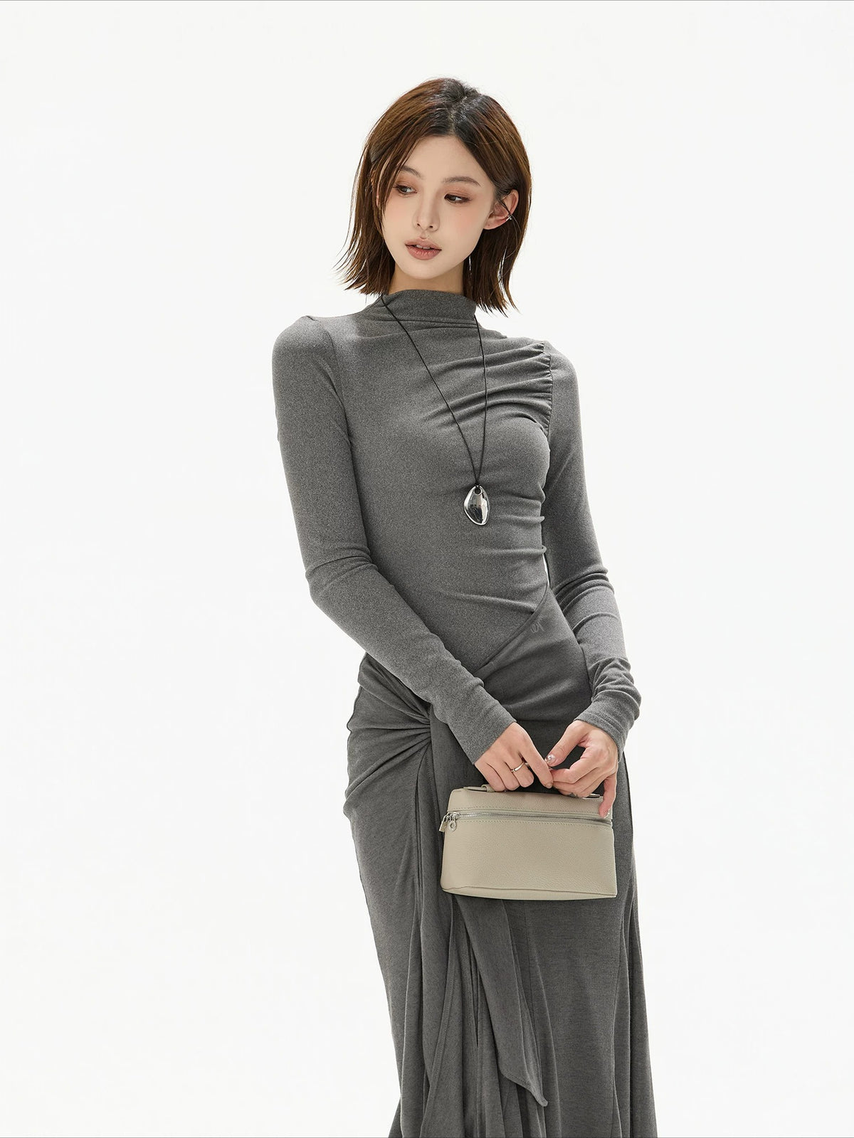 Gray Tie Detail High Neck Knit Dress