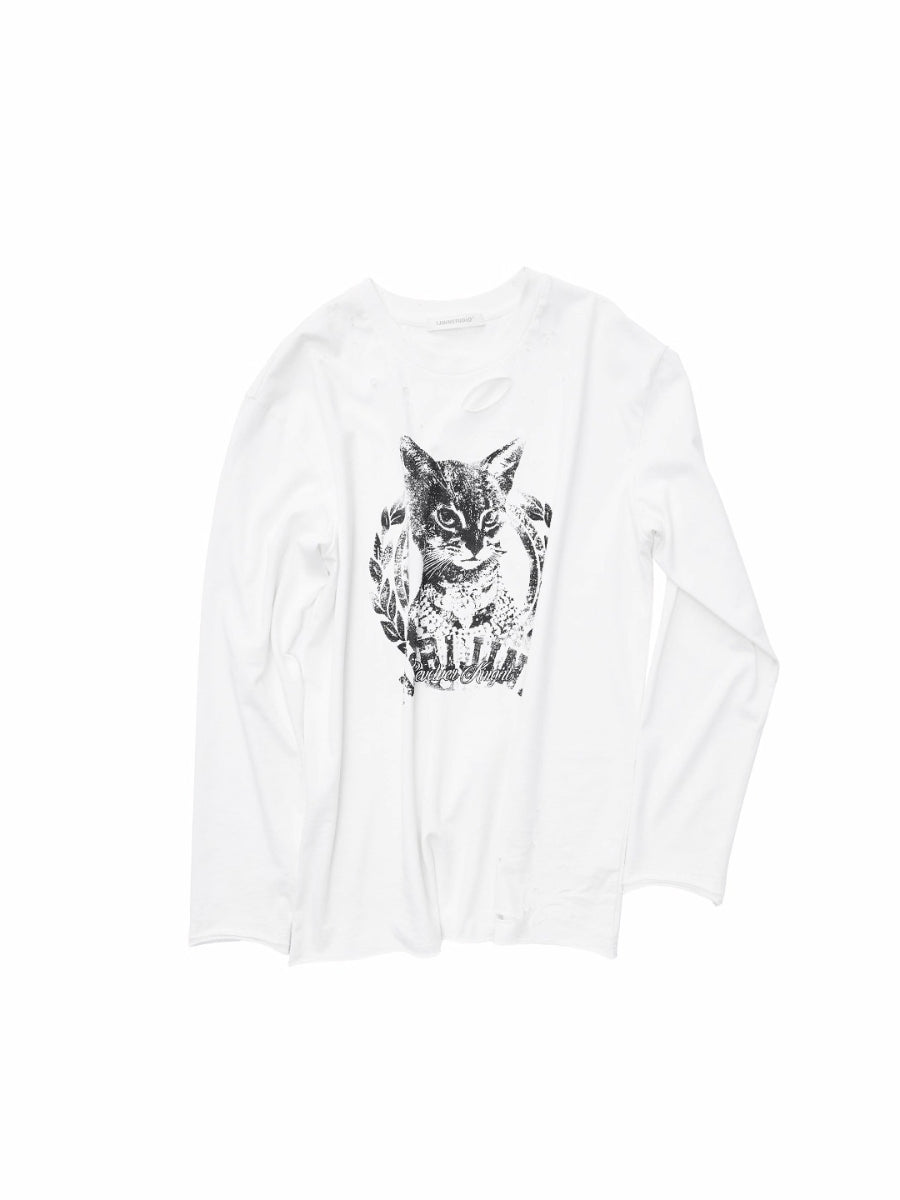 Distressed Cat Graphic Long Sleeve Cotton T-shirt