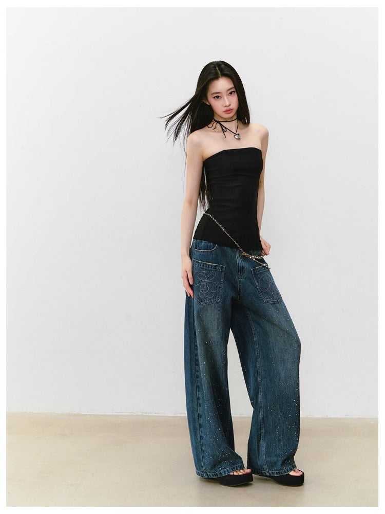 3D Rhinestone Wide-leg Denim Pants