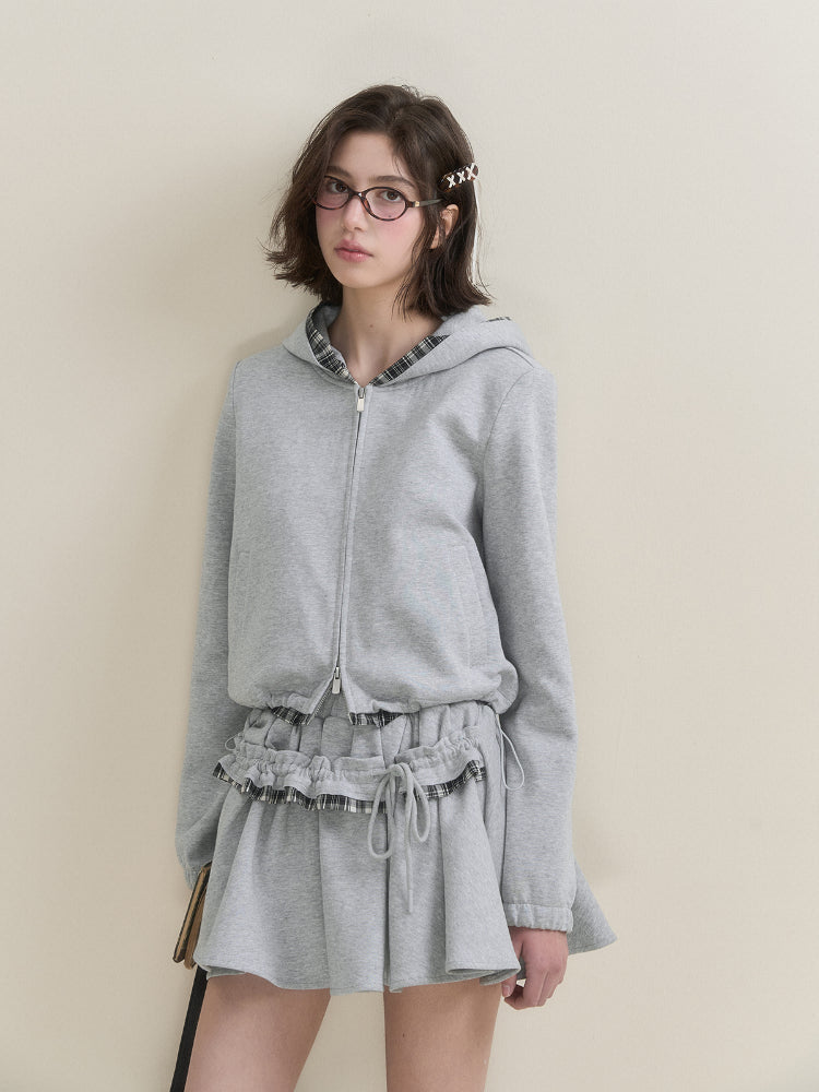 Gray Plaid Spliced Hoodie & Skirt Set