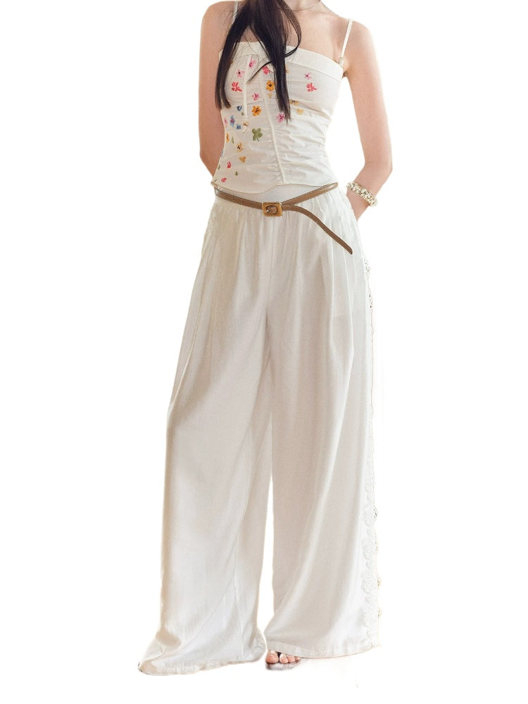 Lace Spliced Wide-Leg Pants