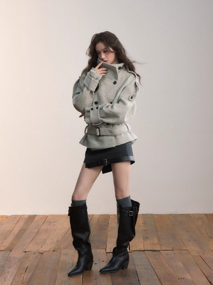 Contrast Double-Breasted Wool-Blend Coat
