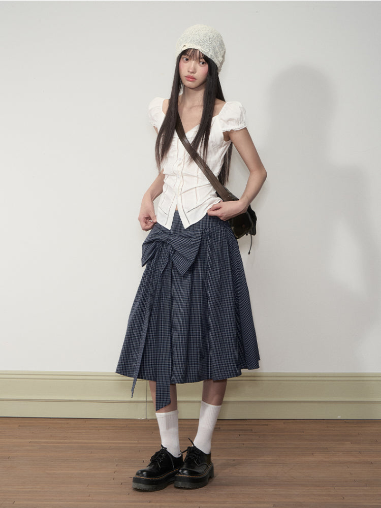 Checkered Bow A-line Midi Skirt